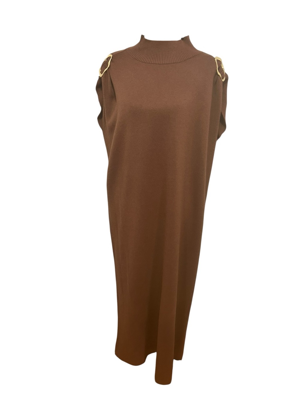 Anthropologie new Maxi knit dress large brown &gold Buckle Draped Mock Neck chic - Picture 2 of 16